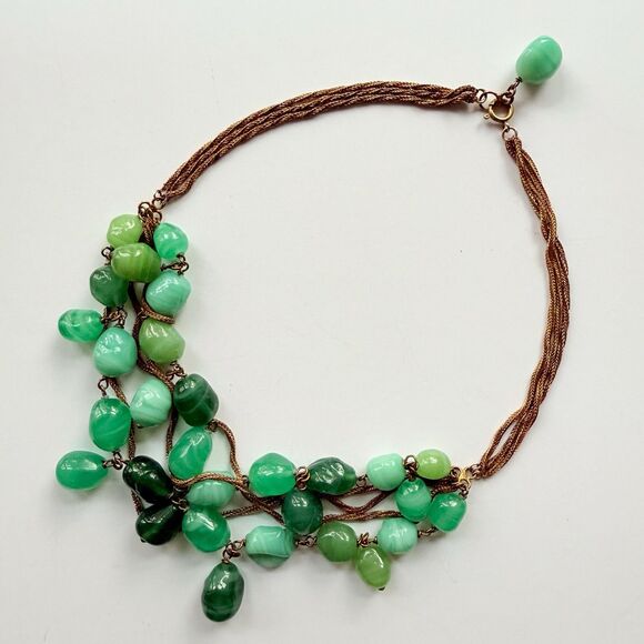 Vintage Louis Rousselet French Green Glass Bead Gilt Chain Multistrand Necklace - Picture 1 of 11